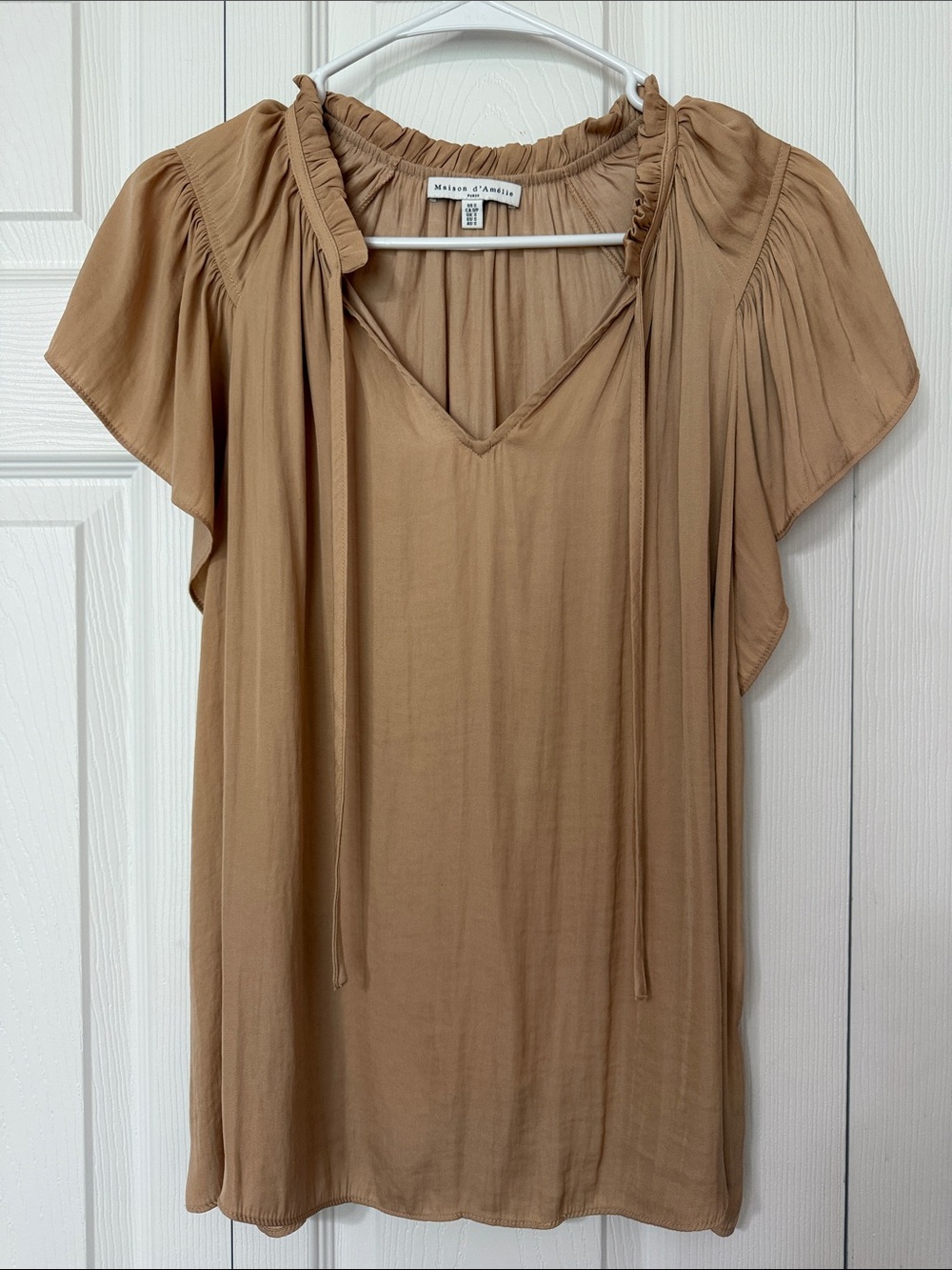 Maison d'Amélie Camel Tie-Neck Flutter Sleeve Blouse